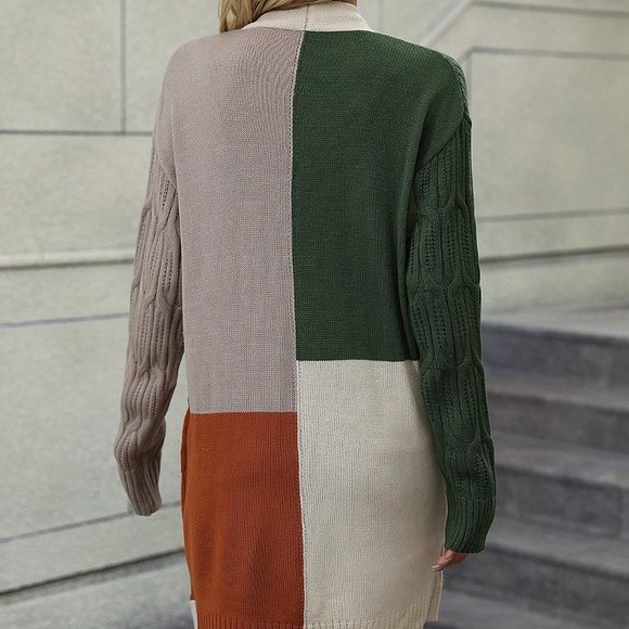 Multicolor Casual Womens Color Block Drop Shoulder Open Front Cardigan - Picture 2 of 4